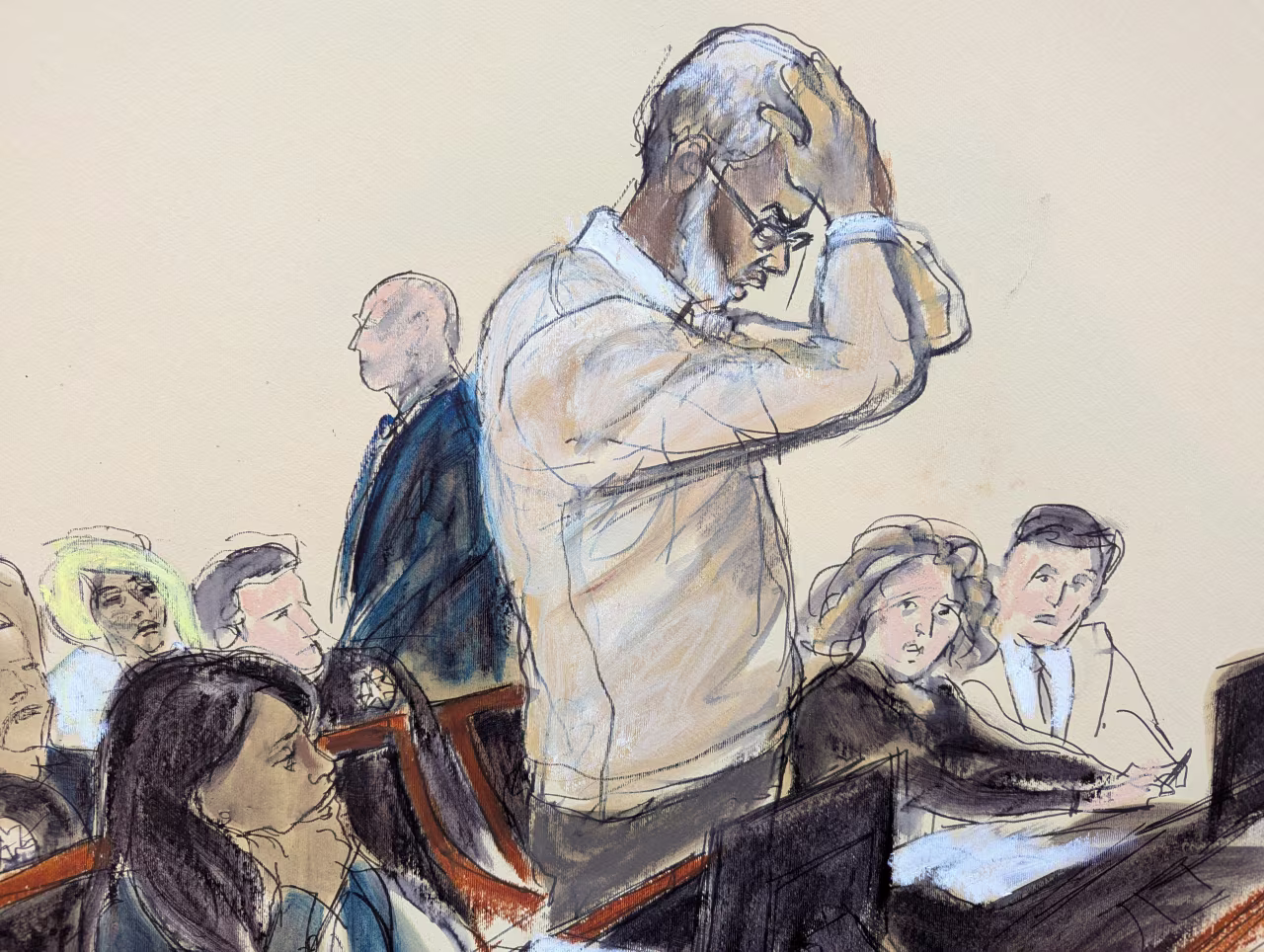 In this courtroom sketch, Sean Diddy Combs reacts as he makes a statement during his sentencing on Friday.