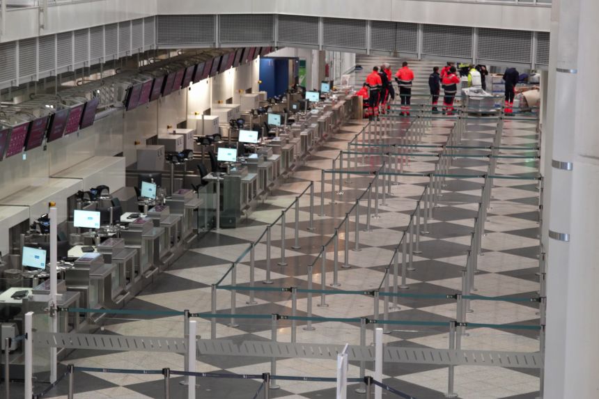 Check-in counters were empty at Munich Airport after possible drone sightings forced operations to close temporarily on October 4, 2025