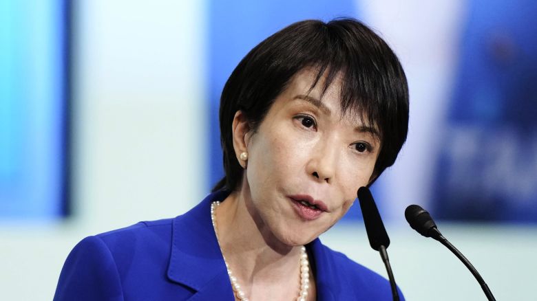 Former Economic Security Minister Sanae Takaichi speaks during the Liberal Democratic Party's (LDP) leadership election in Tokyo on October 4, 2025.