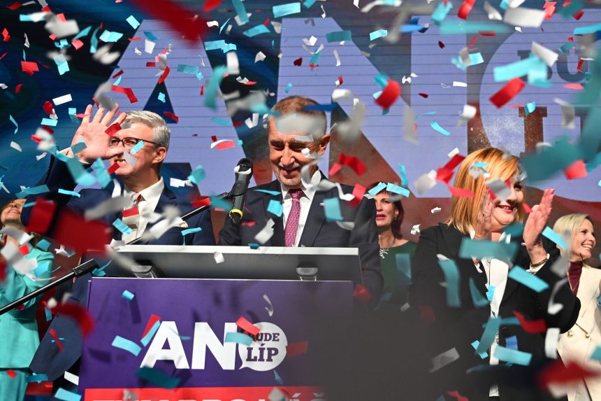 From left: Deputy Chairman Karel Havlicek, Chairman Andrej Babis and Deputy Chairwoman Alena Schillerova celebrate in the election headquarters of ANO during the 2025 Czech parliamentary election in Prague, October 4, 2025.