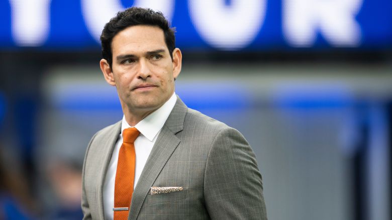FILE - Mark Sanchez walks on the field before an NFL football game between the Los Angeles Rams and the Jacksonville Jaguars Sunday, Dec. 5, 2021, in Inglewood, Calif. (AP Photo/Kyusung Gong, File)