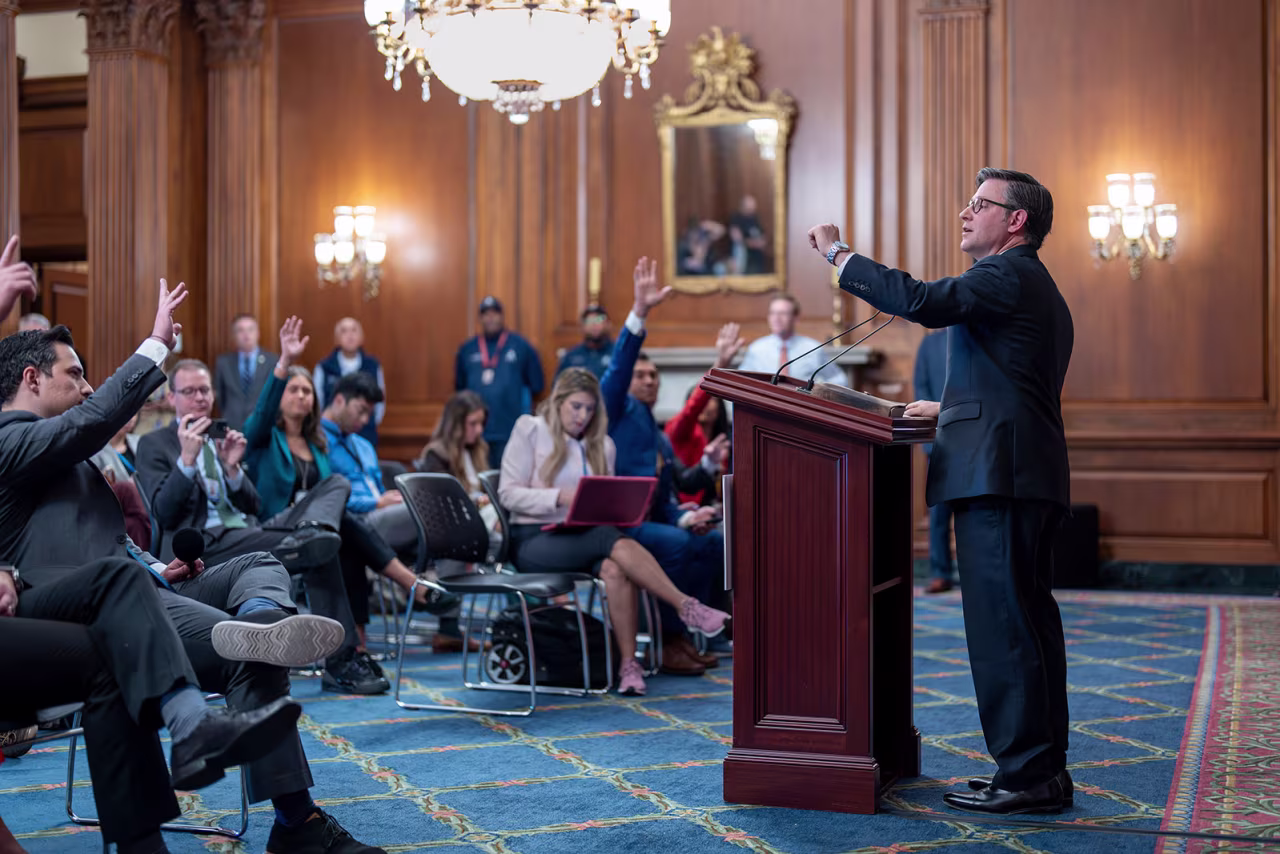 Speaker of the House Mike Johnson holds a news conference to mark the seventh day of the government shutdown, at the Capitol in Washington, DC. on Tuesday.