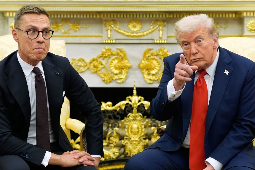 President Donald Trump and Finland's President Alexander Stubb meet in the Oval Office of the White House, on Thursday, October 9, 2025