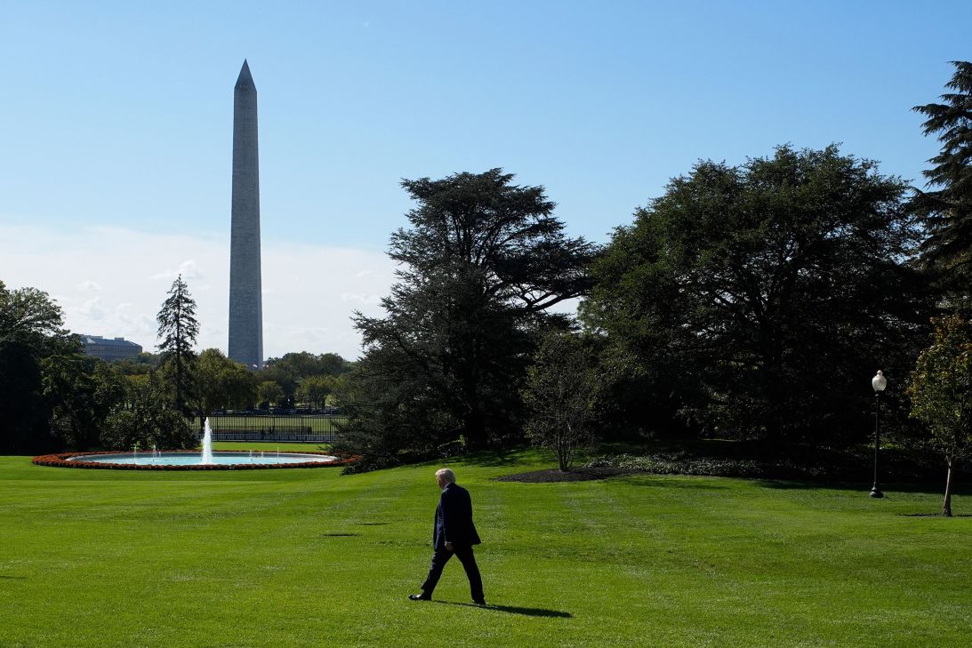 President Donald Trump walks to board Marine One on the South Lawn of the White House on October 10.