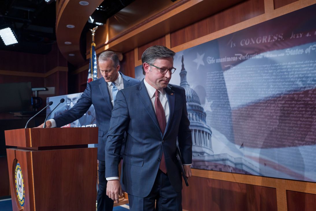 Senate Majority Leader John Thune, left, and House Speaker Mike Johnson depart after a news conference in Washington, DC, on Friday.