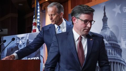 Senate Majority Leader John Thune and Speaker of the House Mike Johnson depart a news conference on Friday, October 10, 2025.