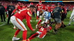 A confrontation between Detroit Lions safety Brian Branch (No. 32) and Kansas City Chiefs wide receiver JuJu Smith-Schuster (No. 9) marred the two teams' game on Sunday.