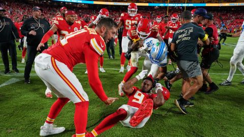 A confrontation between Detroit Lions safety Brian Branch (No. 32) and Kansas City Chiefs wide receiver JuJu Smith-Schuster (No. 9) marred the two teams' game on Sunday.