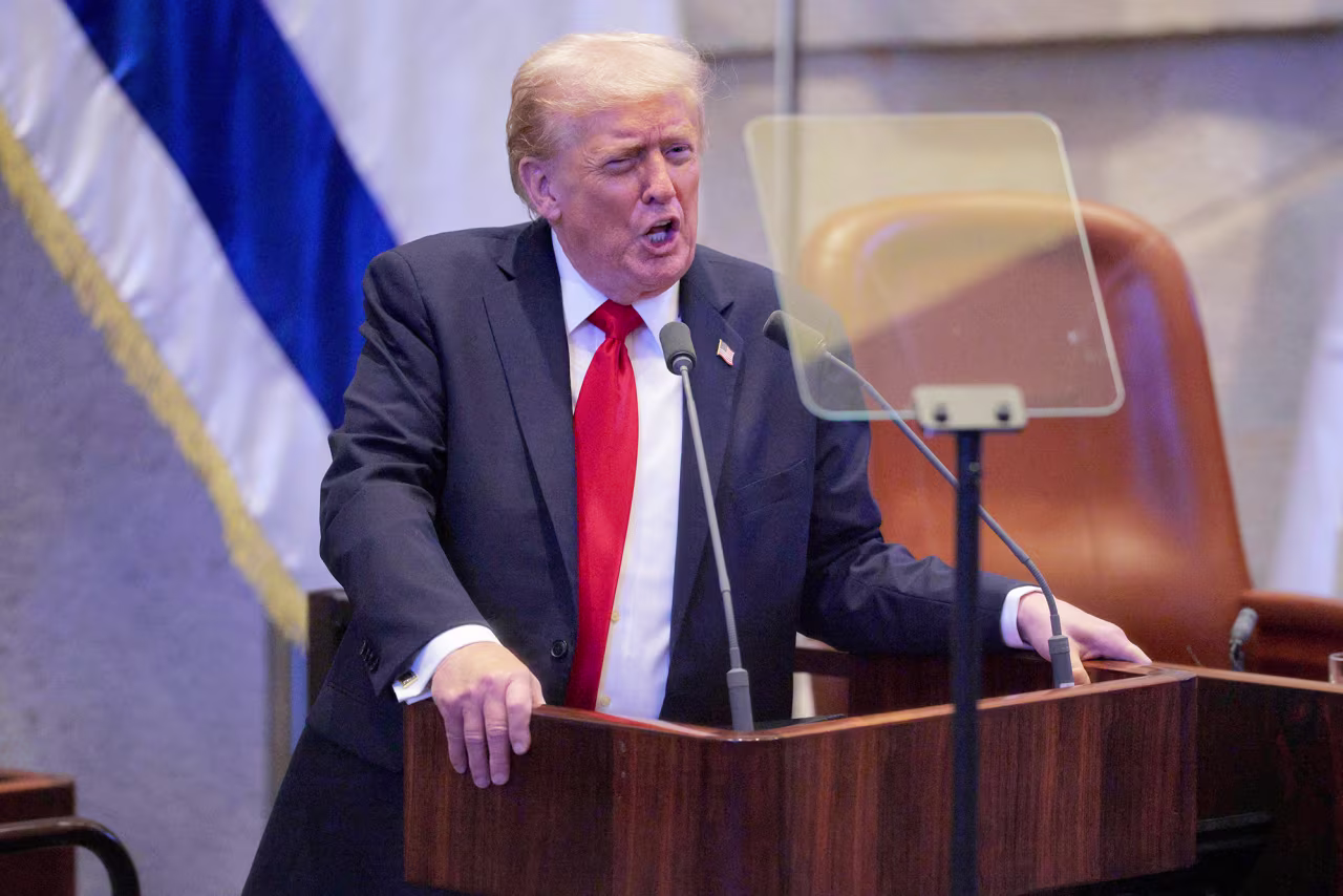 President Donald Trump addresses the Knesset, Israel's parliament, on Monday.