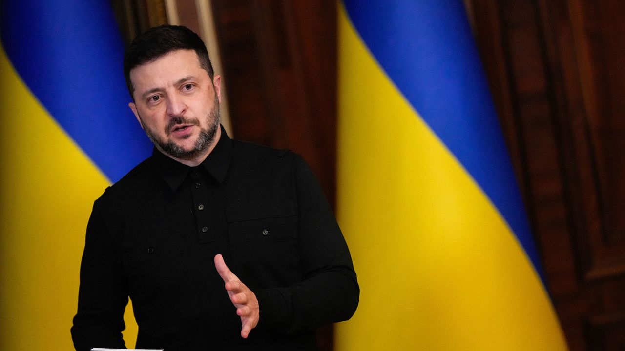 Ukraine's President Volodymyr Zelenskyy speaks during a news conference with High Representative of the European Union for Foreign Affairs and Security Policy Kaja Kallas, not pictured, in Kyiv, Ukraine, on October 13, 2025.