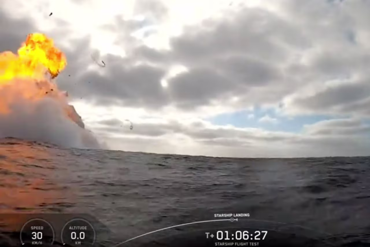 This still made from video provided by SpaceX shows a Starship flight test landing in the Indian Ocean after launching on Monday.