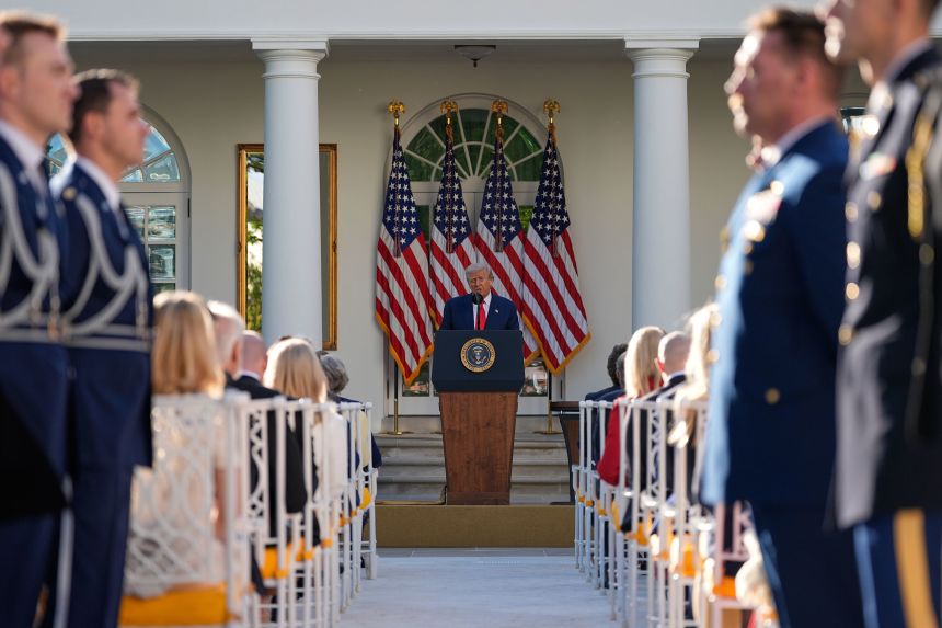 President Donald Trump speaks before posthumously awarding the Presidential Medal of Freedom to Charlie Kirk in the Rose Garden of the White House on October 14, 2025.