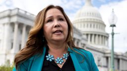Representative-elect Adelita Grijalva speaks with reporters after a press conference outside the US Capitol on the 15th day of a government shutdown, October 15.