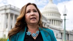 Representative-elect Adelita Grijalva speaks with reporters after a press conference outside the US Capitol on the 15th day of a government shutdown, October 15.