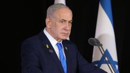 Israeli Prime Minister Benjamin Netanyahu participate in the state memorial ceremony for the soldiers killed in the War, at Mt. Herzl, In Jerusalem, Thursday, Oct. 16, 2025. (Alex Kolomoisky/Pool Photo via AP)
