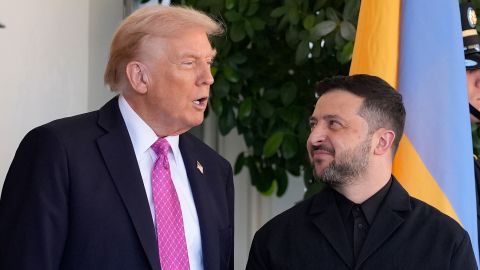 President Donald Trump, left, greets Ukraine's President Volodymyr Zelenskyy at the White House, Friday, Oct. 17, 2025, in Washington. (AP Photo/Alex Brandon)