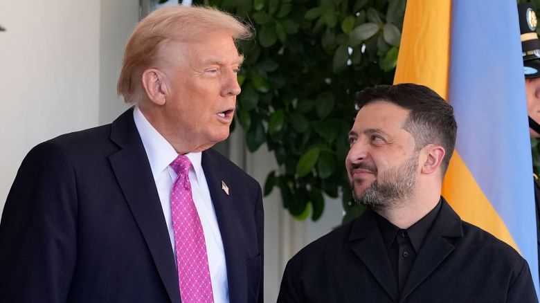 President Donald Trump, left, greets Ukraine's President Volodymyr Zelenskyy at the White House, Friday, Oct. 17, 2025, in Washington. (AP Photo/Alex Brandon)