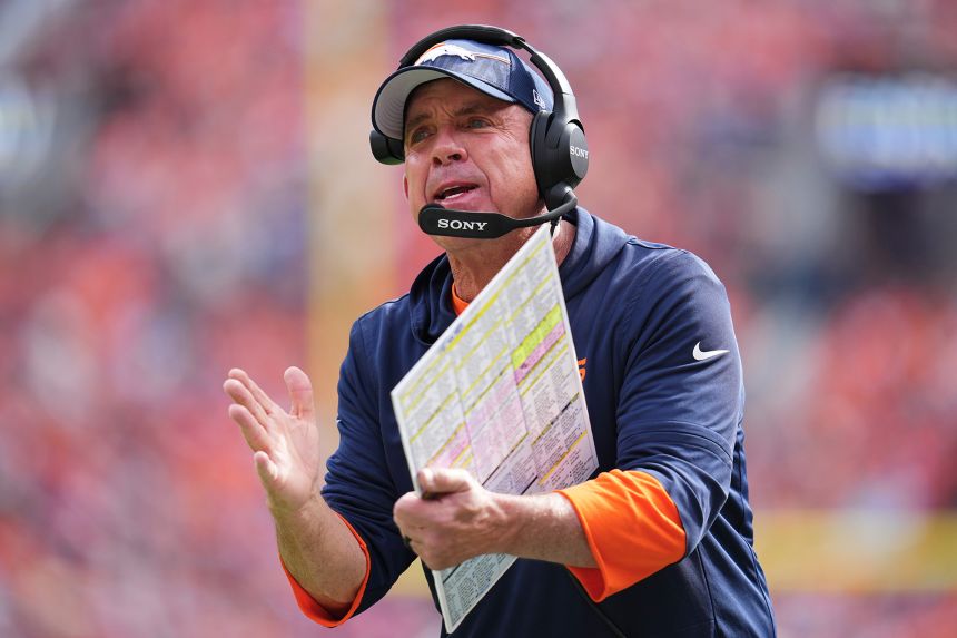 Denver Broncos head coach Sean Payton gestures during the first half of the game against the New York Giants.