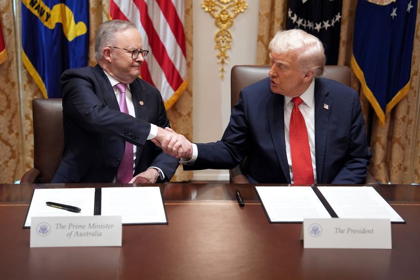 President Donald Trump, right, and Australian Prime Minister Anthony Albanese during a meeting at the White House in Washington, DC, on October 20, 2025.