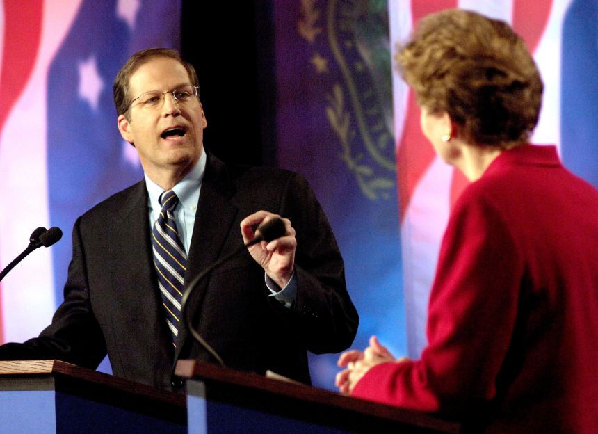 FILE - Then Sen. John Sununu, left, spars with Democratic rival and former governor Jeanne Shaheen during a live televised debate in Manchester, NH, October 30, 2008.