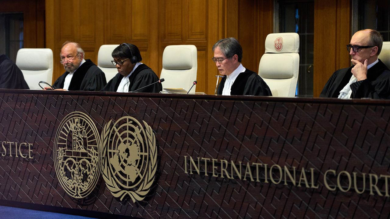 Presiding Judge Iwasawa Yuji, second from the right, starts reading the advisory opinion of the International Court of Justice in The Hague, Netherlands, on Wednesday.