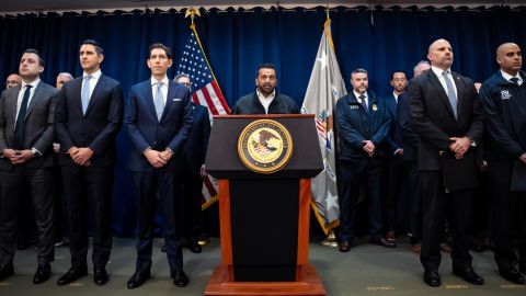 FBI director Kash Patel speaks at a press conference announcing the arrests of Portland Trail Blazers head coach Chauncey Billups and Miami Heat guard Terry Rozier in connection with a federal investigation into sports betting and illegal gambling, Thursday, Oct. 23, 2025, in New York.  (AP Photo/Angelina Katsanis)