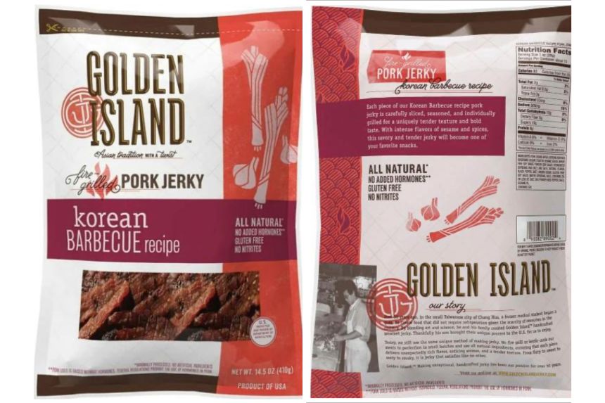 This combination of images provided by the US Department of Agriculture shows packaging for Korean barbecue pork jerky sold at Costco and Sam's Club stores, which was recalled because the product may be contaminated with pieces of metal, the USDA said October 24, 2025.