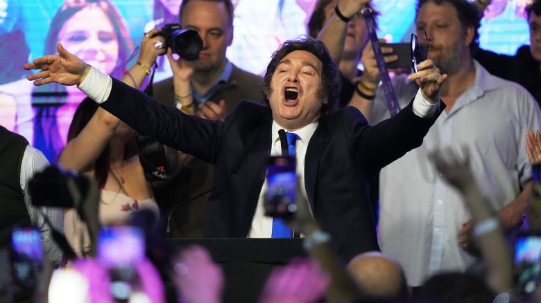 Argentina's President Javier Milei celebrates after winning in legislative midterm elections in Buenos Aires, Argentina on October 26, 2025.
