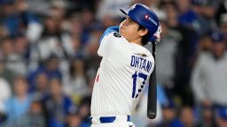 Los Angeles Dodgers' Shohei Ohtani watches his home run against the Toronto Blue Jays during the seventh inning in Game 3 of baseball's World Series, Monday, Oct. 27, 2025, in Los Angeles. (AP Photo/Brynn Anderson)
