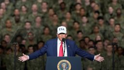U.S. President Donald Trump speaks to the members of the military aboard the USS George Washington at the U.S. Navy's Yokosuka base in Yokosuka, south of Tokyo, Tuesday, Oct. 28, 2025. (AP Photo/Eugene Hoshiko)