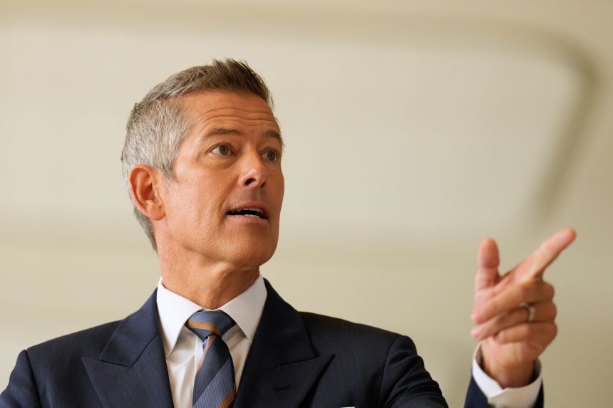 US Secretary of Transportation Sean Duffy speaks during a news conference at LaGuardia Airport in New York City on Tuesday.