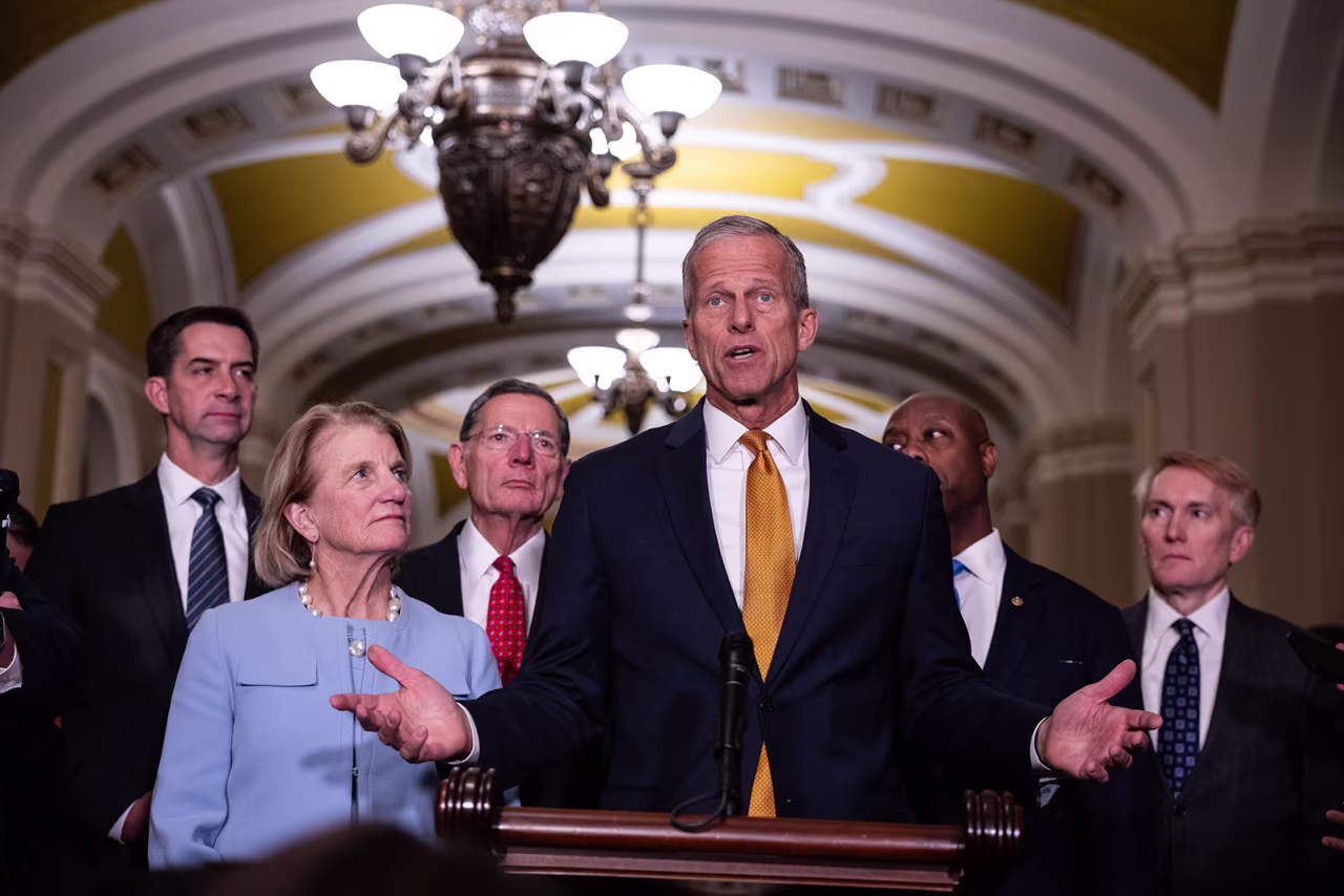 Senate Majority Leader John Thune speaks alongside other Senate Republicans during a press conference at the US Capitol on Tuesday.