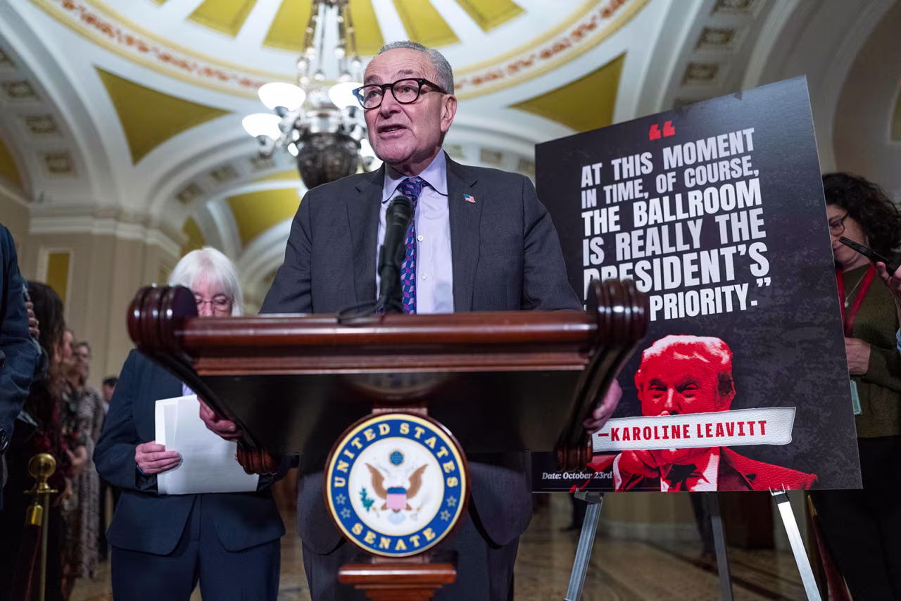 Senate Minority Leader Chuck Schumer speaks during a press conference outside the Senate Chambers in the US Capitol in Washington, DC, on Tuesday.