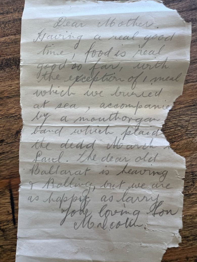 This photo provided by Deb Brown shows a letter found inside a bottle on Saturday, October 25, 2025, in Condingup, Australia. (Deb Brown, via AP)