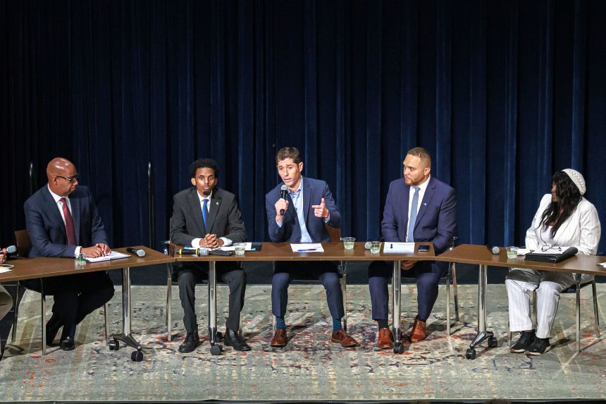 Minneapolis mayoral candidates, from left, DeWayne Davis, Omar Fateh, Jacob Frey, Jazz Hampton and Brenda Short attend the Minneapolis Mayoral Debate at Westminster Hall at Westminster Presbyterian Church on September 26 in Minneapolis.