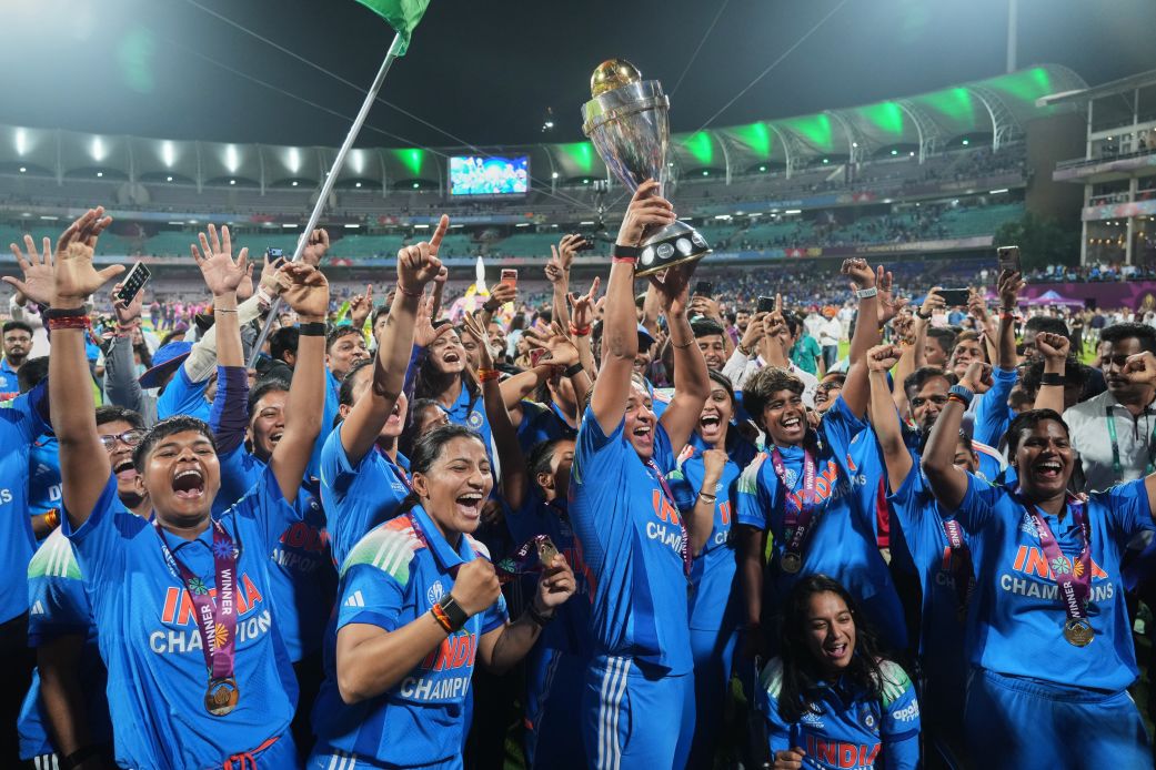 India's players celebrate their win over South Africa in the ICC Women's Cricket World Cup final match in Navi Mumbai, India on November 3, 2025.
