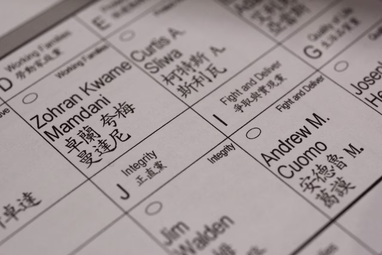 Choices for New York City mayor, Zohran Mamdani, Curtis Sliwa, Andrew Cuomo and others are seen on a ballot in New York on Tuesday.