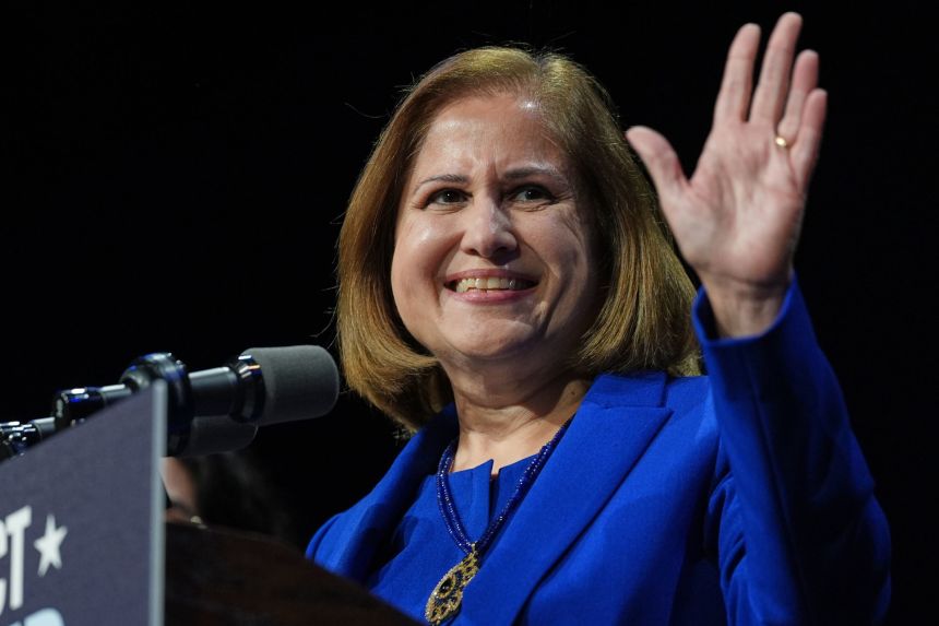 Democrat Ghazala Hashmi speaks on stage at an election night watch party for Democrat Abigail Spanberger after Hashmi was declared the winner of the Virginia lieutenant governor's race in Richmond, Virginia, on Tuesday.