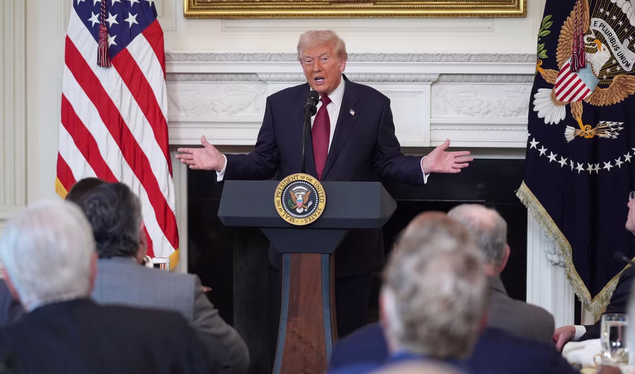 President Donald Trump speaks during a breakfast meeting with Senate Republicans in the State Dining Room of the White House on Wednesday.