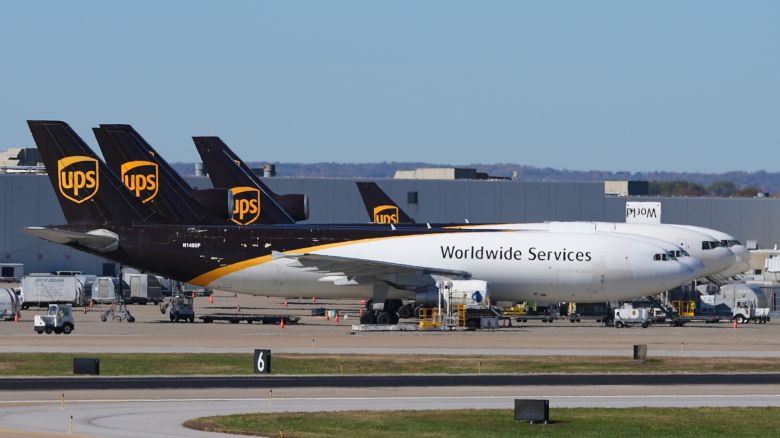 UPS jets are parked at the Worldport package sorting complex at Louisville Muhammad Ali International Airport, Thursday, Nov. 6, 2025, in Louisville, Ky. (AP Photo/Darron Cummings)