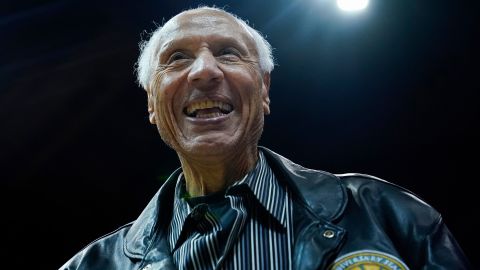 Former Seattle SuperSonics coach and player Lenny Wilkens acknowledges the crowd during the second half of a preseason NBA basketball game between the Los Angeles Clippers and the Utah Jazz, Oct. 10, 2023, in Seattle.