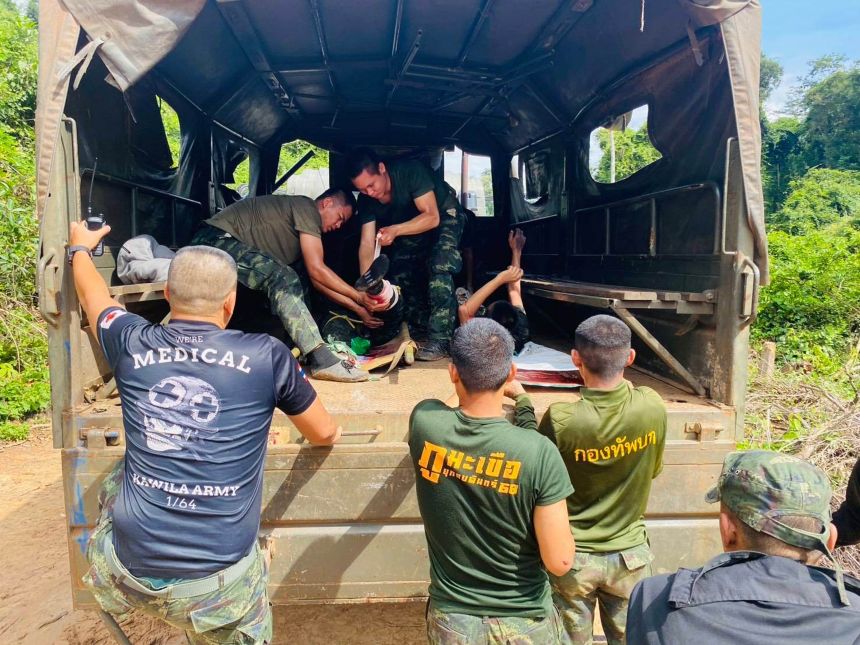 In this photo released by Royal Thai Army, two Thai soldiers injured by a landmine during a patrol near the Thai-Cambodia border are transferred to a hospital in Sisaket province, Thailand, on November 10, 2025.