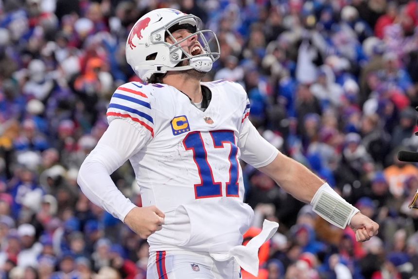 Buffalo Bills quarterback Josh Allen celebrates after scoring a touchdown against the Tampa Bay Buccaneers during the second half of an NFL football game in Orchard Park, New York City on November 16, 2025.