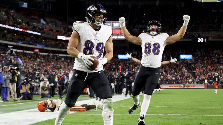 Baltimore Ravens tight end Mark Andrews (89) celebrates after scoring a touchdown during an NFL football game against the Cleveland Browns in in Cleveland on November 16 2025.