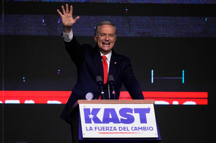 Presidential candidate José Antonio Kast of the Republican Party, waves to supporters after early results in the general elections in Santiago, Chile on November 16, 2025.