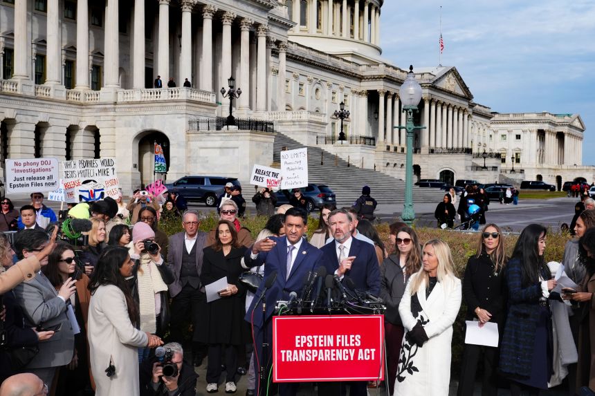 From left, Reps. Ro Khanna, Thomas Massie and Marjorie Taylor-Greene speak during a news conference as the House prepares to vote on the Epstein Files Transparency Act on Tuesday.
