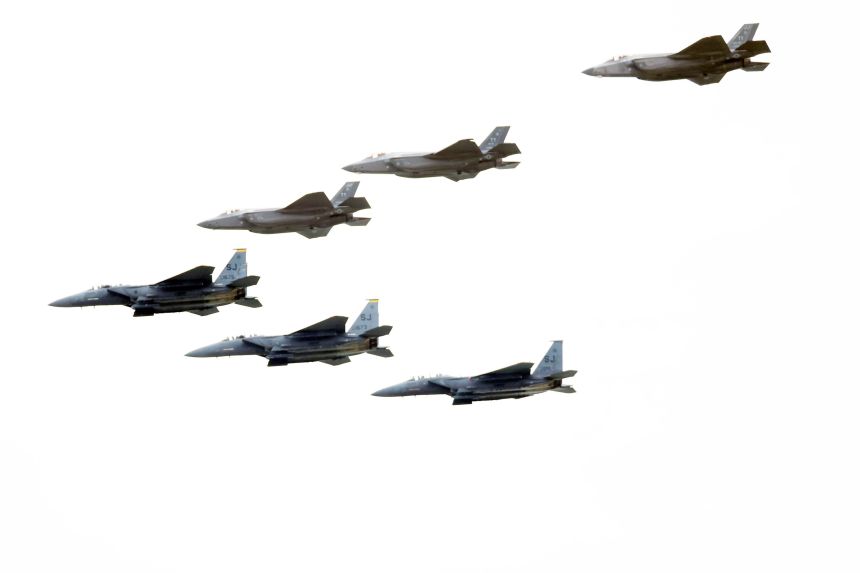 Saudi Arabia's Crown Prince Mohammed bin Salman is welcomed to the White House in a high-flying F15 and F35 jet on November 18, 2025.