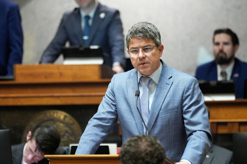 Indiana Senate President Pro Tempore Rodric Bray speaks in the Senate chamber at the Statehouse in Indianapolis, on April 23, 2025.
