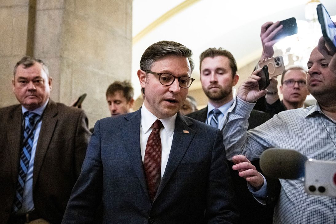 House Speaker Mike Johnson speaks to media at the US Capitol on Thursday.