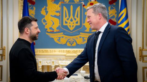 In this photo provided by the Ukrainian Presidential Press Office, Ukrainian President Volodymyr Zelensky, left, shakes hands with US Secretary of the Army Dan Driscoll in Kyiv, Ukraine, on Thursday, November 20, 2025.
